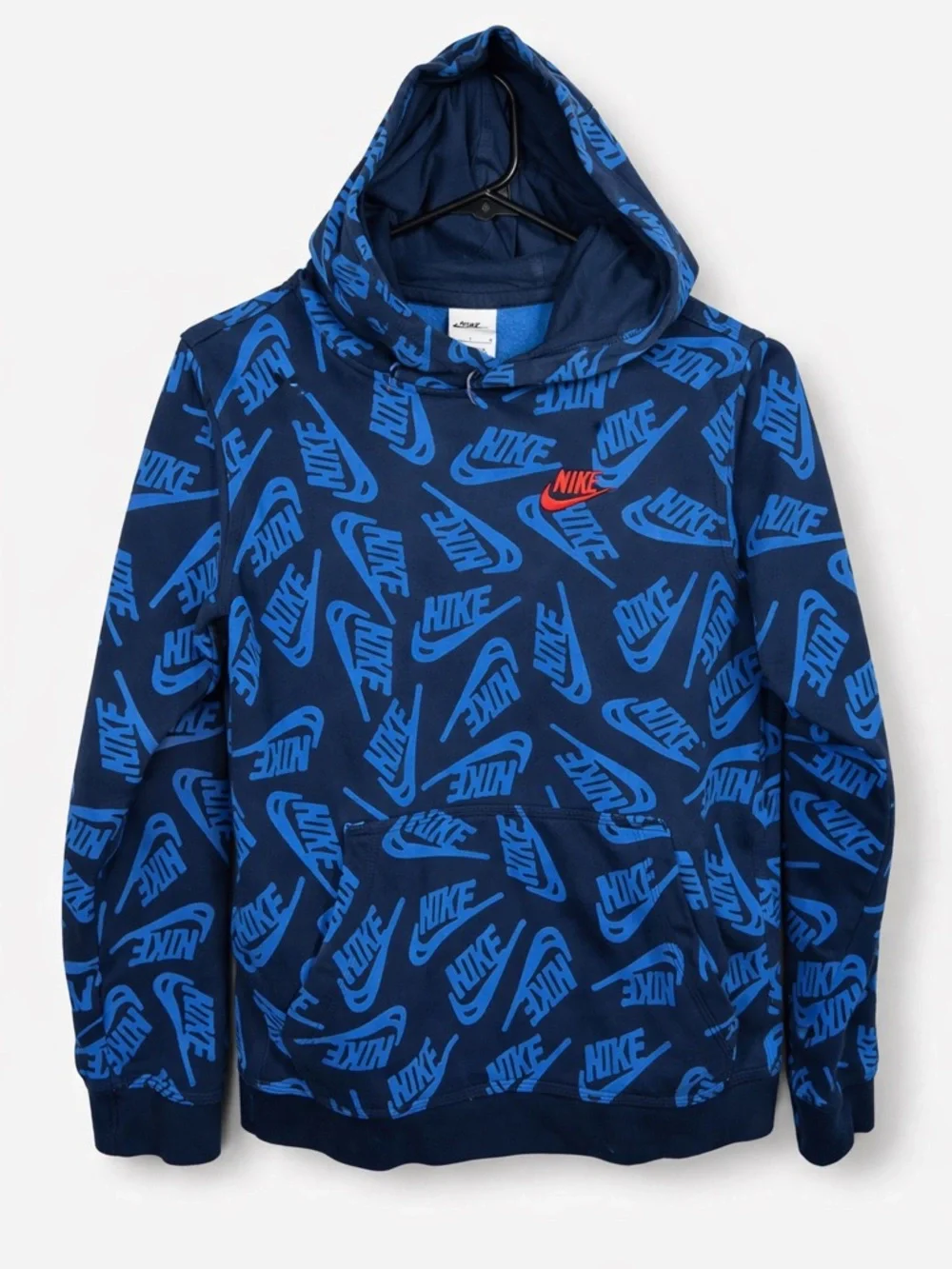 Nike Sportswear All Over Logo Print Hoodie Boys Large Blue Fleece Pullover